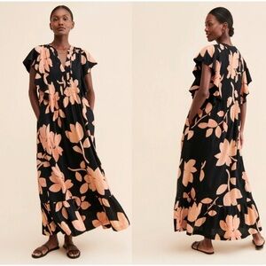 Anthropologie Maeve Women’s Floral Flounce Maxi Dress Lined Black Peach Small